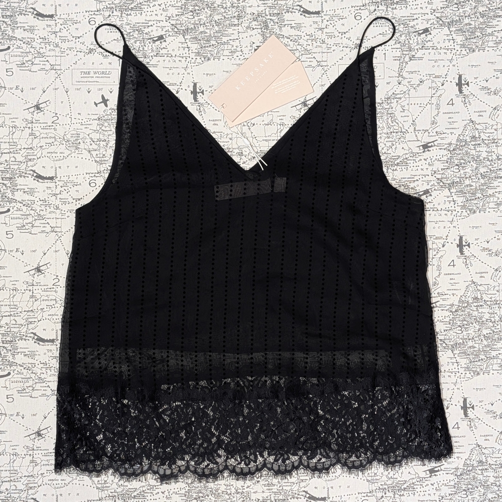 NWT KEEPSAKE the Label Black Starstruck Patterned Cami With Lace Trim Size Med